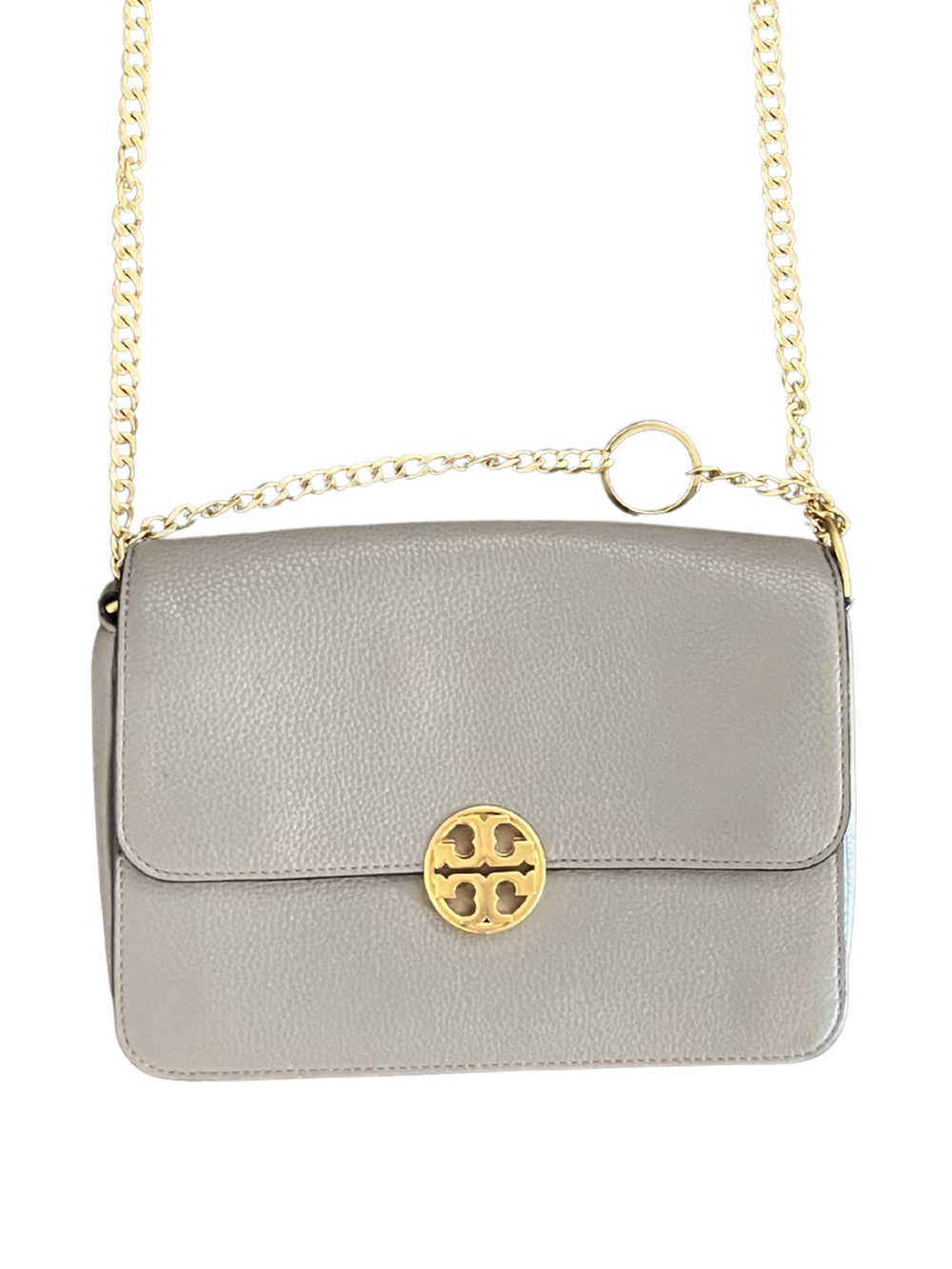 Tory Burch Kira Pebbled Leather Crossbody Bag in Gray Heron